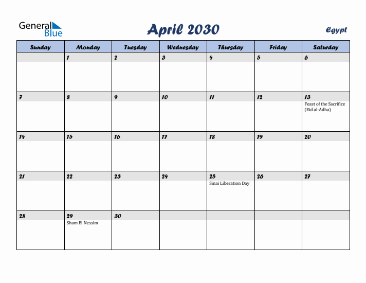 April 2030 Calendar with Holidays in Egypt