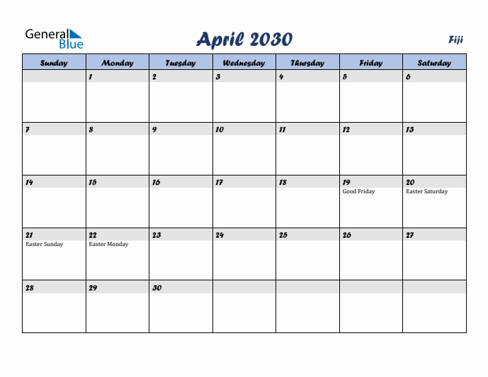 April 2030 Calendar with Holidays in Fiji