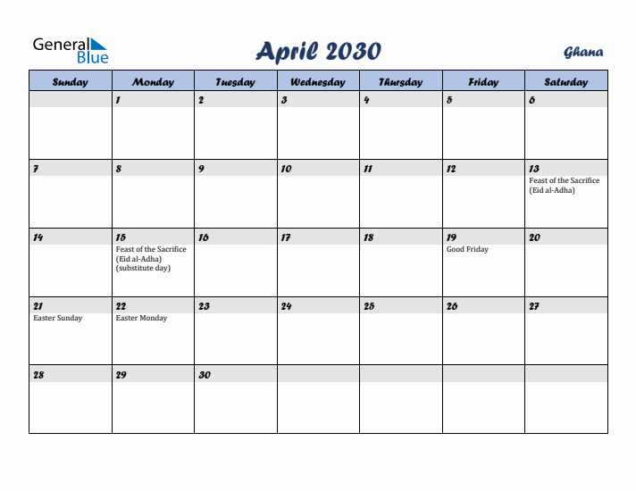 April 2030 Calendar with Holidays in Ghana