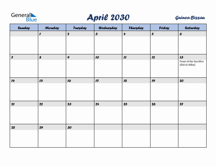April 2030 Calendar with Holidays in Guinea-Bissau