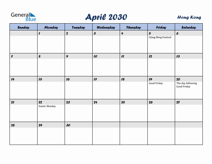 April 2030 Calendar with Holidays in Hong Kong