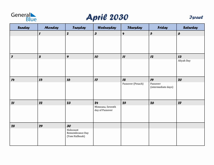 April 2030 Calendar with Holidays in Israel
