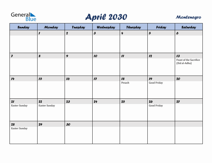 April 2030 Calendar with Holidays in Montenegro