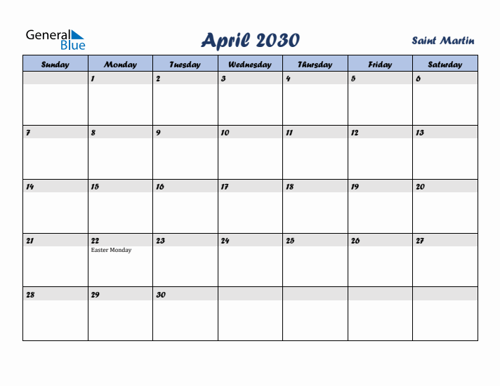 April 2030 Calendar with Holidays in Saint Martin