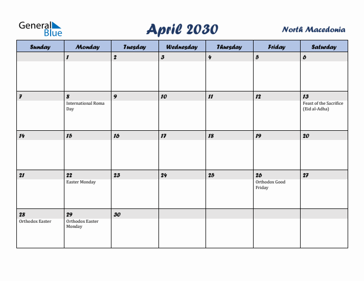 April 2030 Calendar with Holidays in North Macedonia