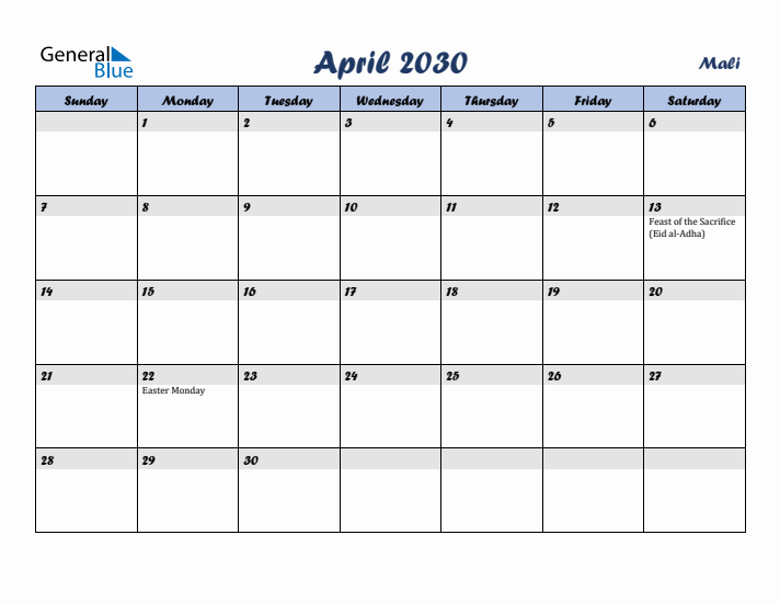 April 2030 Calendar with Holidays in Mali