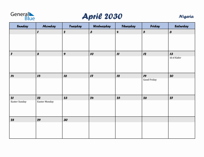 April 2030 Calendar with Holidays in Nigeria