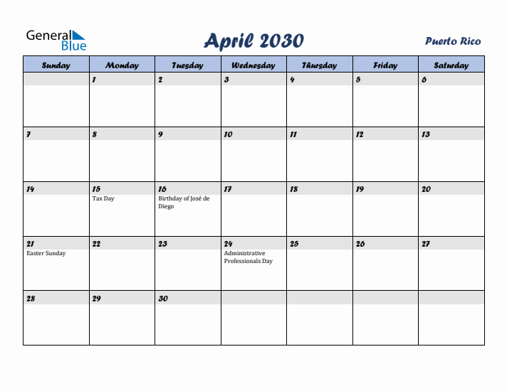 April 2030 Calendar with Holidays in Puerto Rico