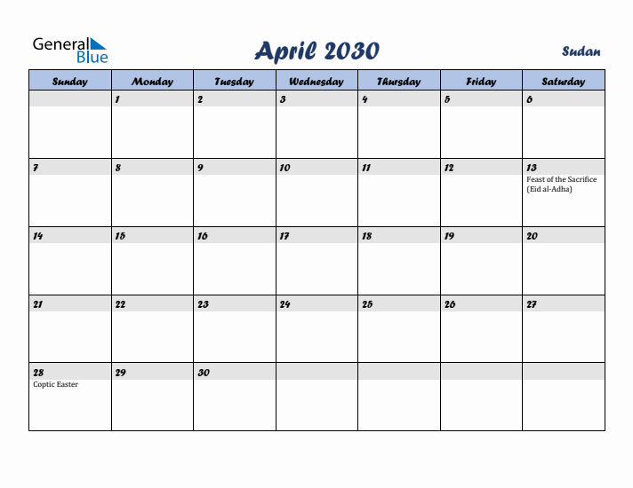 April 2030 Calendar with Holidays in Sudan