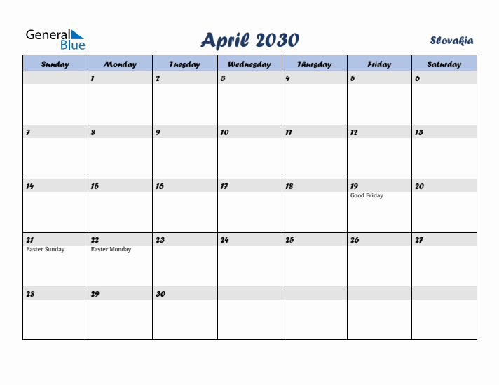 April 2030 Calendar with Holidays in Slovakia