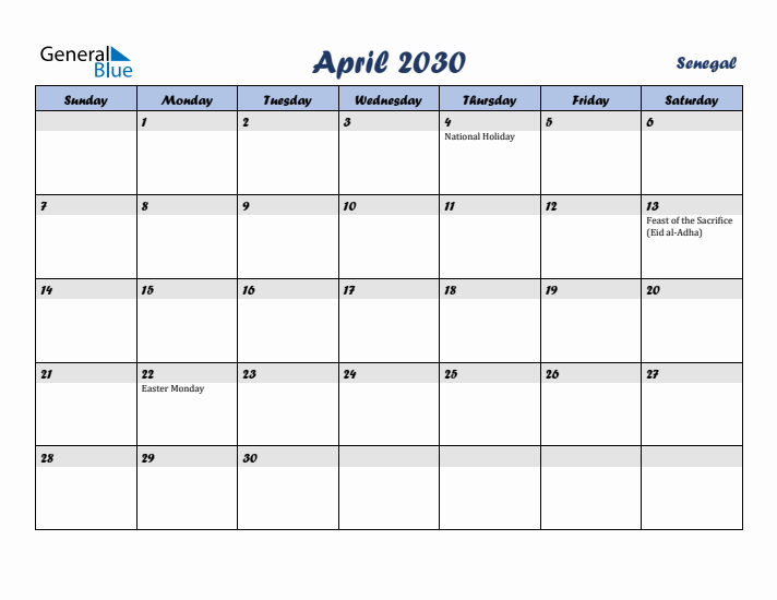 April 2030 Calendar with Holidays in Senegal