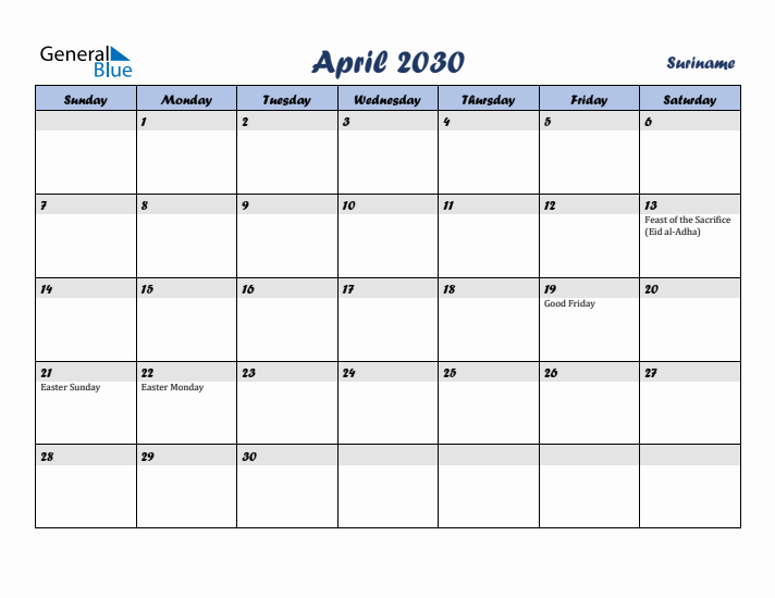 April 2030 Calendar with Holidays in Suriname