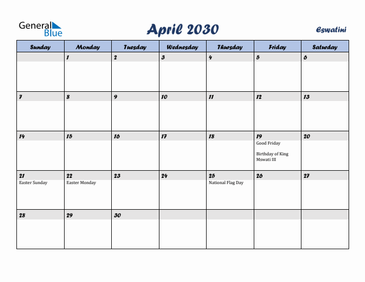 April 2030 Calendar with Holidays in Eswatini