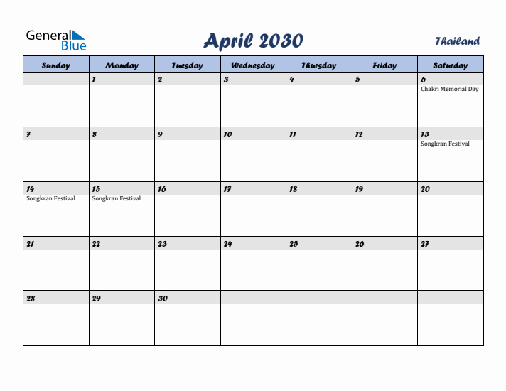 April 2030 Calendar with Holidays in Thailand