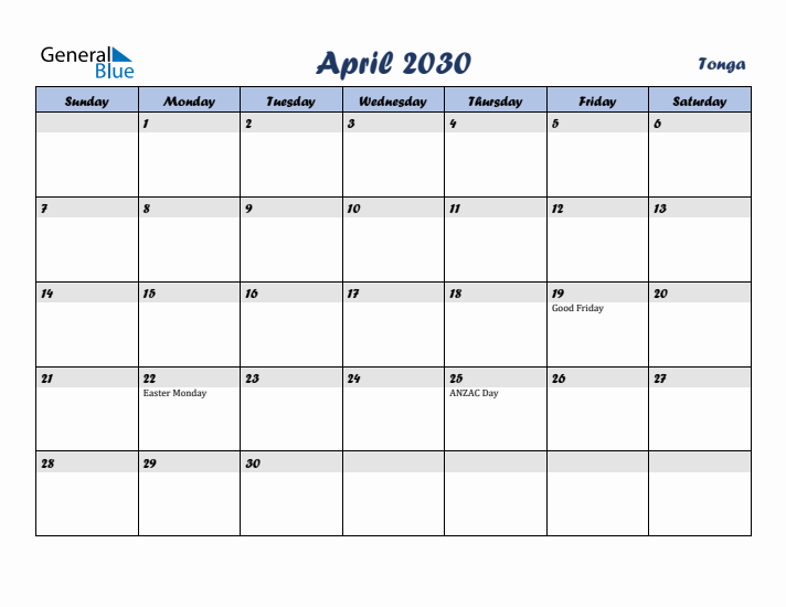April 2030 Calendar with Holidays in Tonga