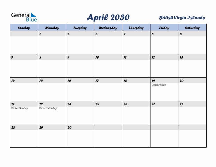 April 2030 Calendar with Holidays in British Virgin Islands
