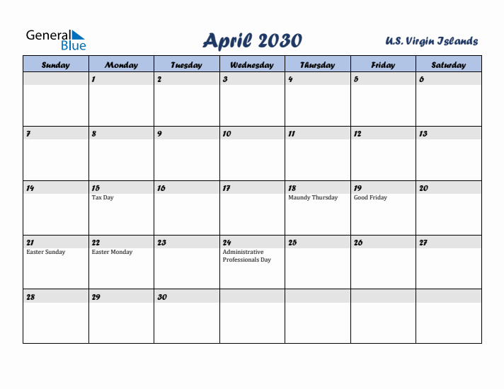 April 2030 Calendar with Holidays in U.S. Virgin Islands
