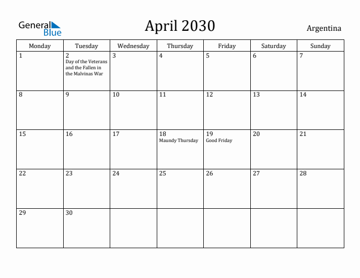 April 2030 Calendar Argentina