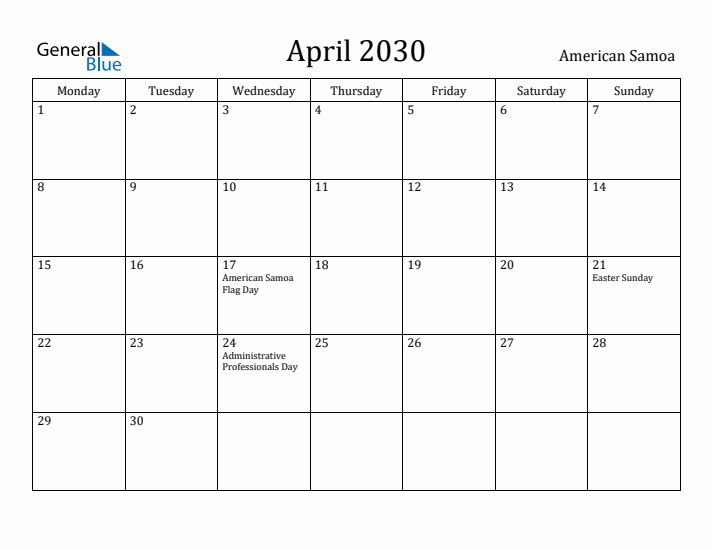 April 2030 Calendar American Samoa