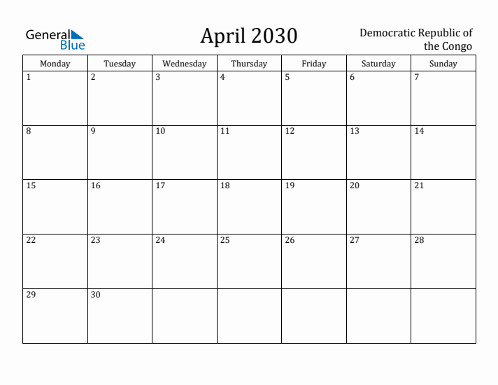 April 2030 Calendar Democratic Republic of the Congo
