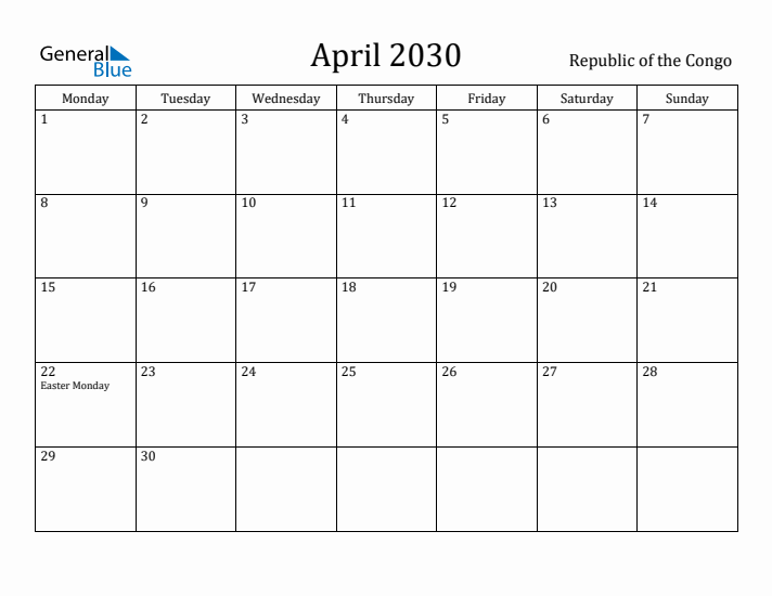 April 2030 Calendar Republic of the Congo