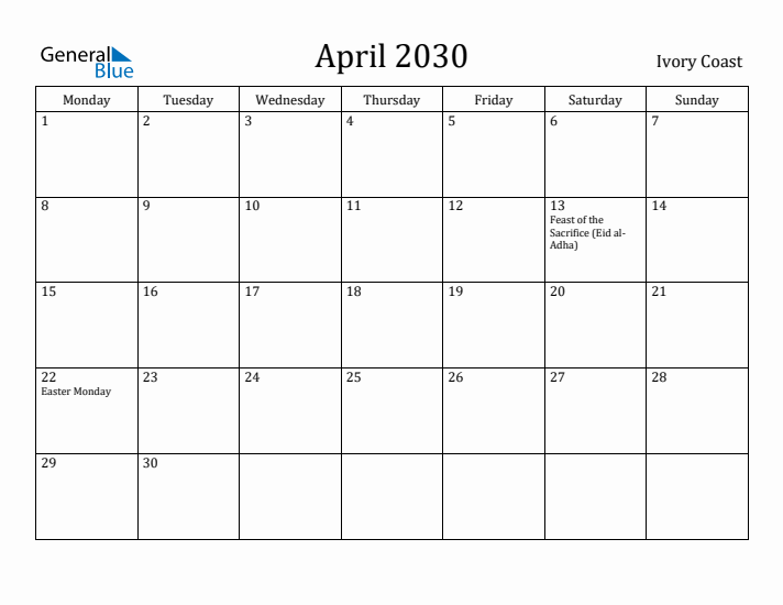 April 2030 Calendar Ivory Coast