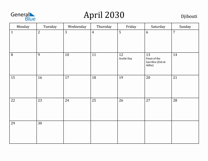 April 2030 Calendar Djibouti