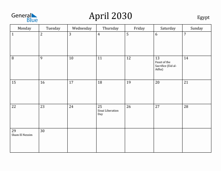 April 2030 Calendar Egypt