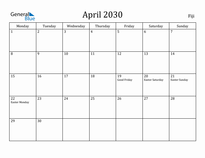 April 2030 Calendar Fiji