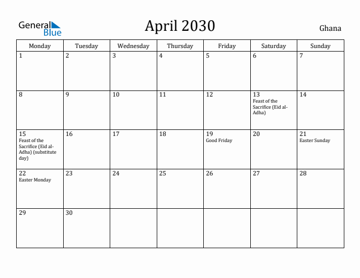 April 2030 Calendar Ghana