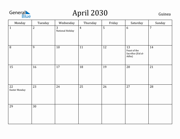 April 2030 Calendar Guinea