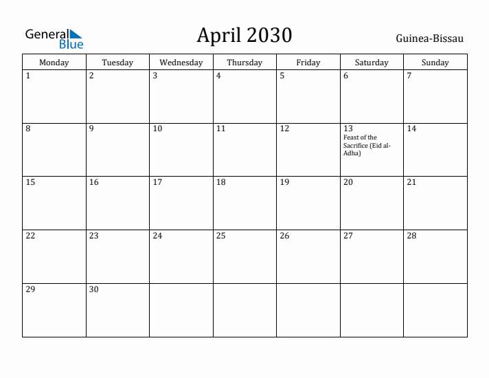 April 2030 Calendar Guinea-Bissau