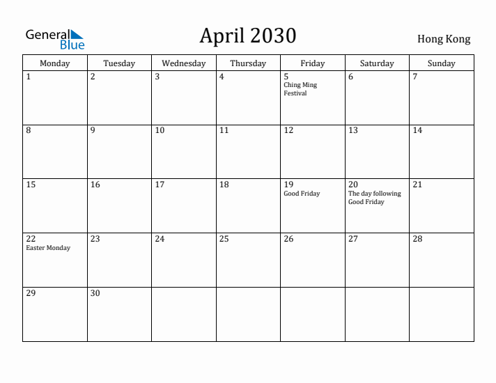 April 2030 Calendar Hong Kong