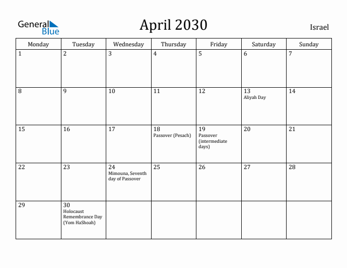 April 2030 Calendar Israel