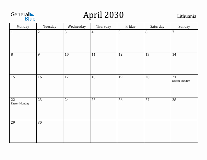 April 2030 Calendar Lithuania