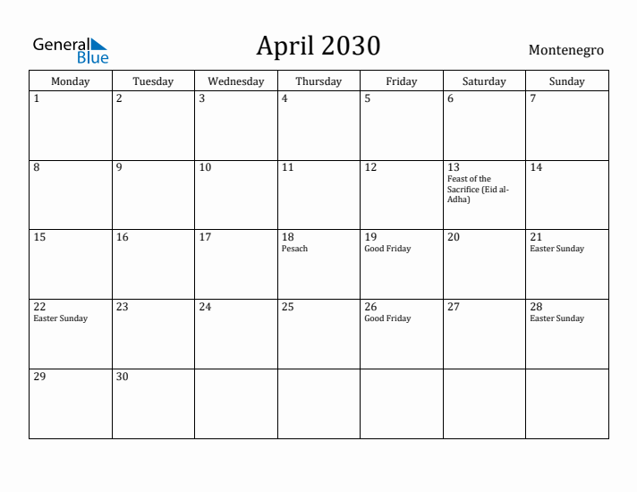 April 2030 Calendar Montenegro