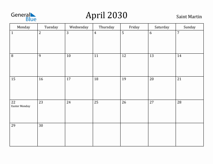 April 2030 Calendar Saint Martin