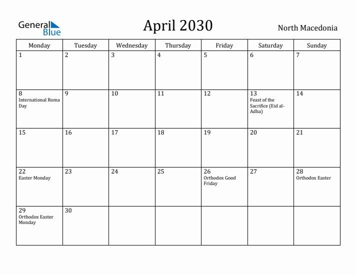 April 2030 Calendar North Macedonia