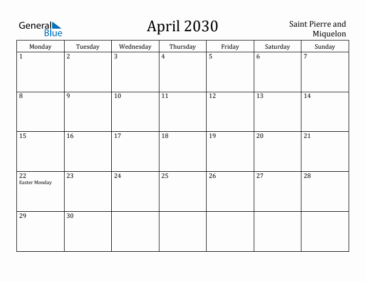 April 2030 Calendar Saint Pierre and Miquelon
