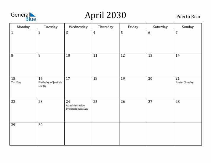 April 2030 Calendar Puerto Rico