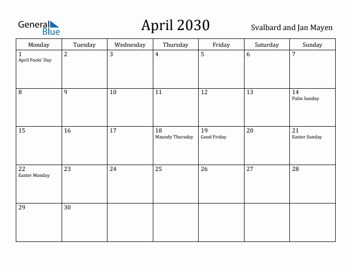 April 2030 Calendar Svalbard and Jan Mayen