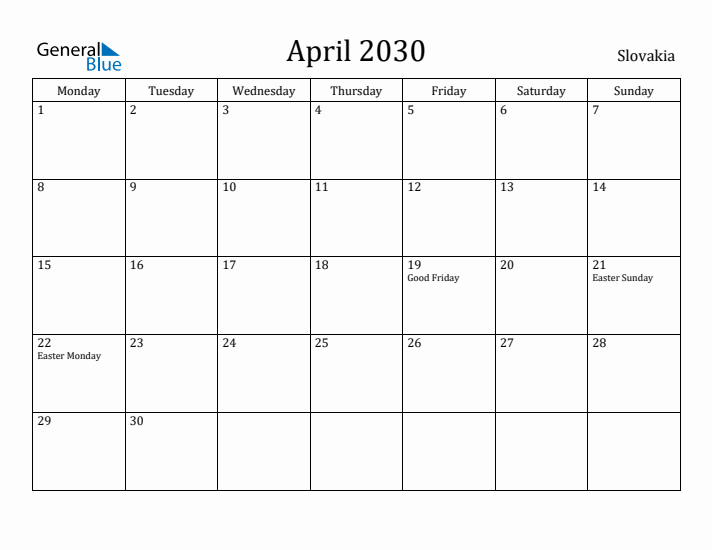 April 2030 Calendar Slovakia