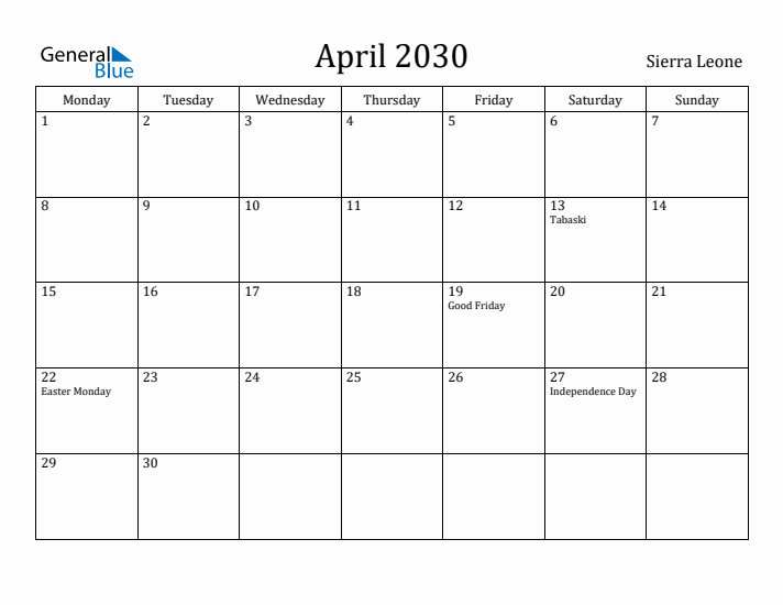 April 2030 Calendar Sierra Leone