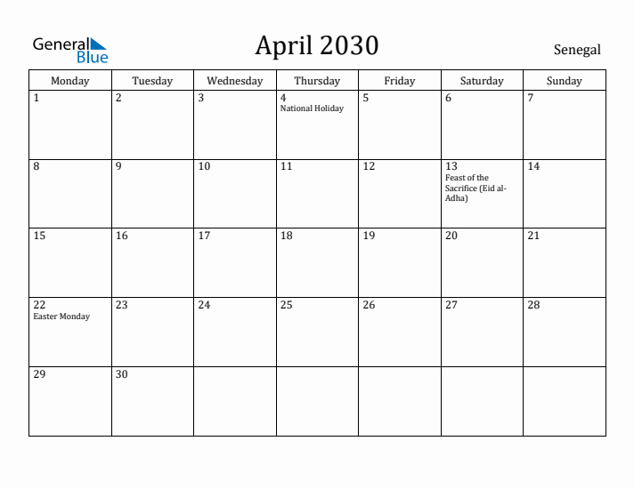 April 2030 Calendar Senegal