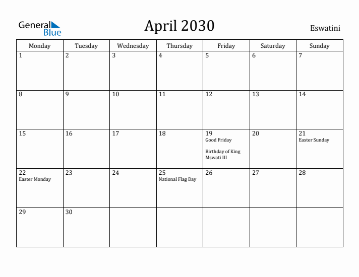 April 2030 Calendar Eswatini