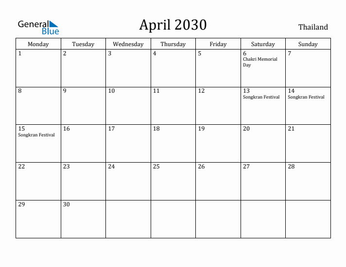 April 2030 Calendar Thailand
