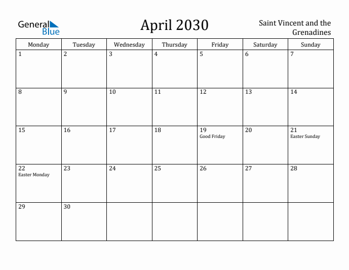 April 2030 Calendar Saint Vincent and the Grenadines