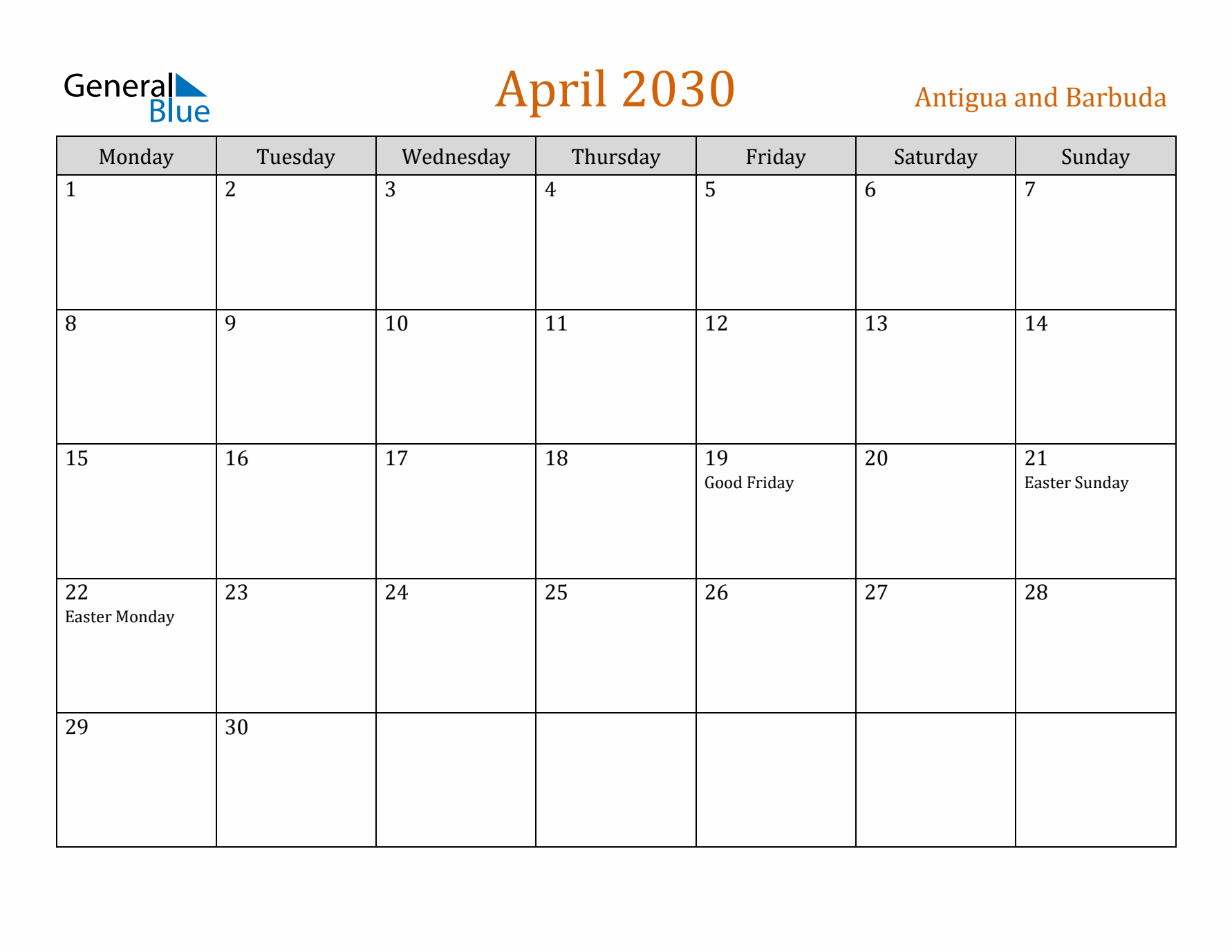 April 2030 Holiday Calendar with Monday Start