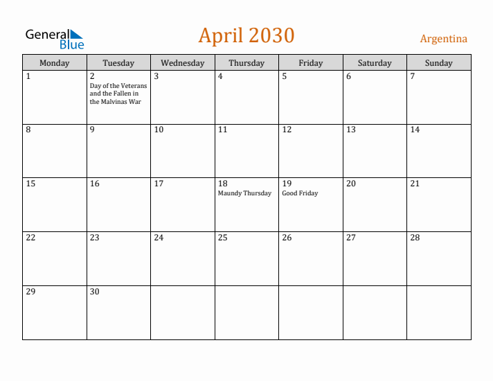April 2030 Holiday Calendar with Monday Start