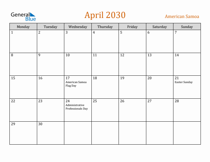April 2030 Holiday Calendar with Monday Start